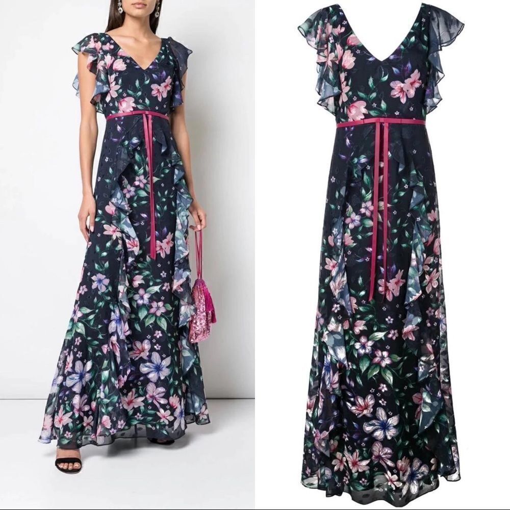 Marchesa Notte Printed Burnout Chiffon Gown